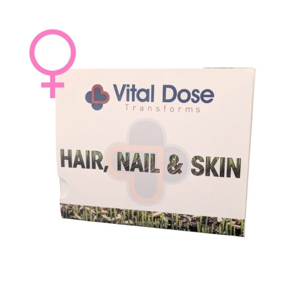 A box of supplements with text on it "Hair, Nail & Skin"